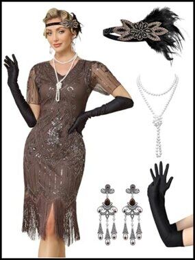 1920s Flapper Dress Sequin Fringe V-Neck with 20s Accessories Set